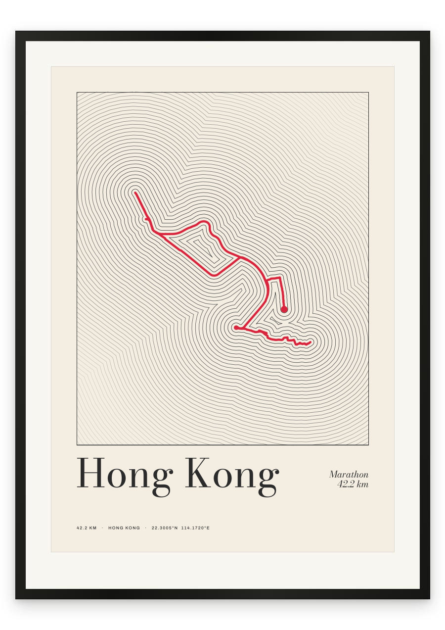 Hong Kong Marathon route map poster, Contour, Red