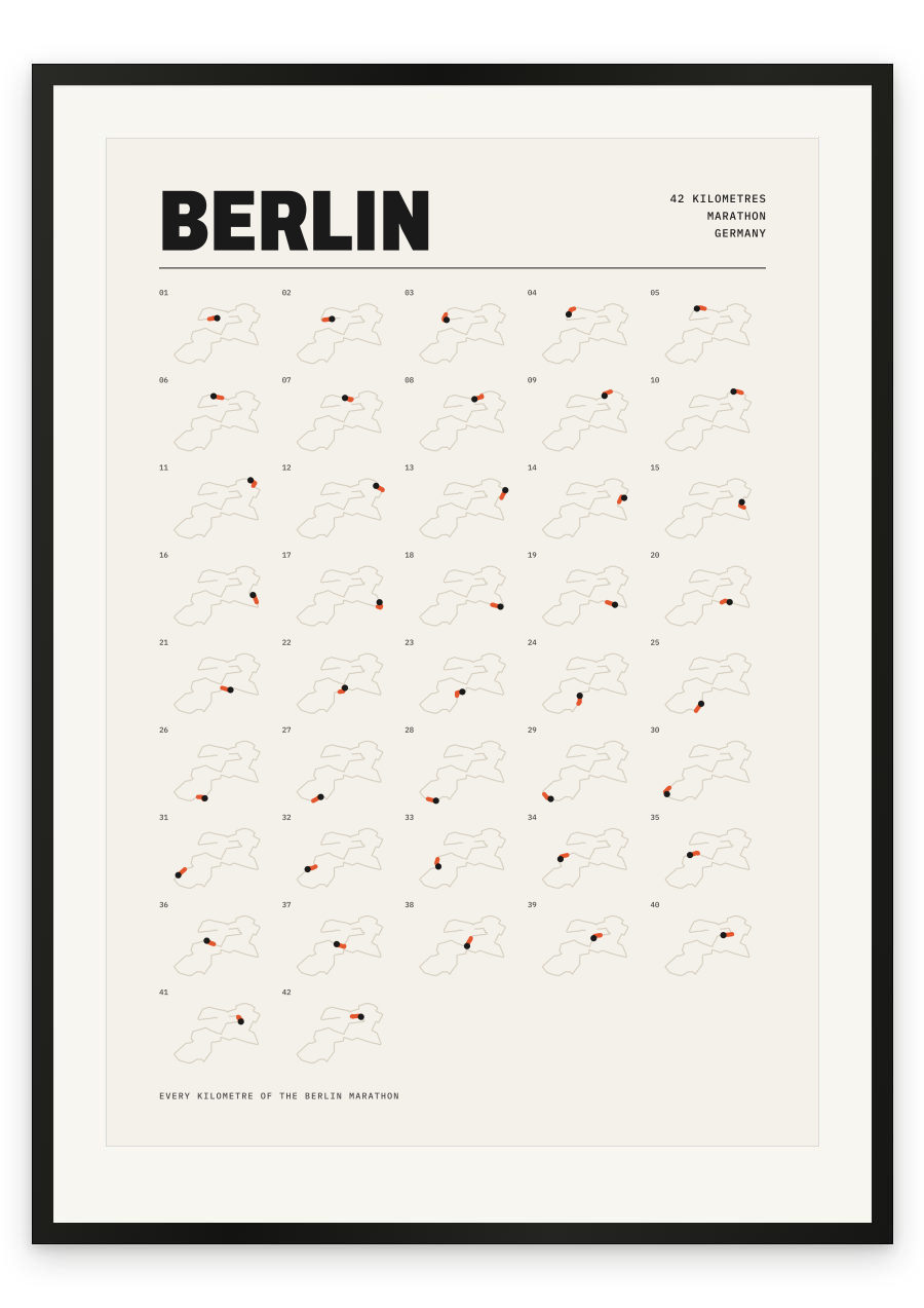 Berlin Marathon route map poster, Kilometres, Orange