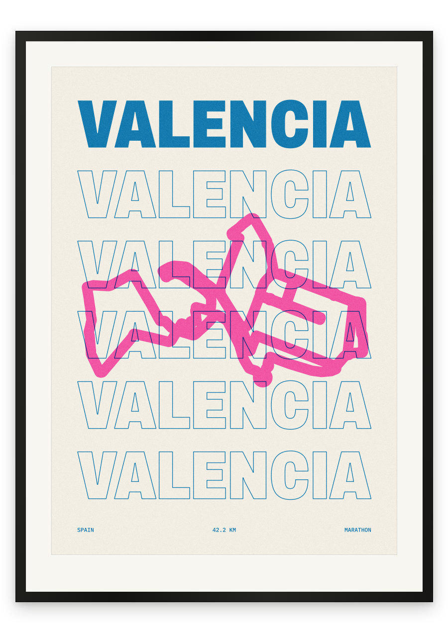 Valencia Marathon route map poster, Riso, Pink